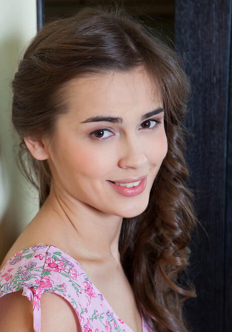 Luscious dark hair young Trista A showing tiny tits and spreading her legs 